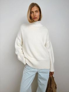 #Color_White Sweater Collar, Lazy Style, Look Polished, Solid Color Sweater, Color Sweater, Oversize Casual, Ladies Turtleneck Sweaters, Womens Turtleneck, Knitted Jumper