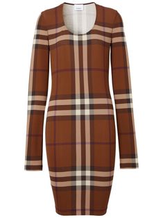 brown/multicolour stretch-design jersey knit check pattern scoop neck long sleeves straight hem Burberry Dress, Burberry Outfit, Vestido Casual, Check Pattern, Jersey Dress, Dress Collection, Day Dresses, Knit Jersey, Burberry