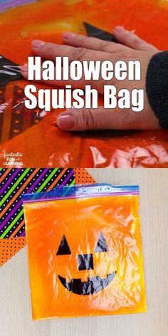 halloween squish bag on a table with the text overlay that says, halloween squish bag