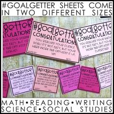 some pink and purple paper with writing on it that says goalgetter sheets come in two different sizes