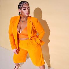 Iso Eloquii Orange Short Set Size 14 Or 16 Searching For This Set In A Size 14 Or 16z Any Help Would Be Greatly Appreciated. Ready To Purchase Immediately. Plus Size Workwear, Bermuda Shorts Women, Streetwear Inspo, Bermuda Short, Orange Shorts, Plus Size Coats, Plus Size Designers, Sweetheart Dress, Plus Size Pants