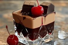 a chocolate dessert with cherries and ice cubes