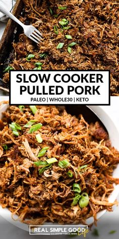 slow cooker pulled pork in a white bowl