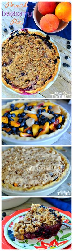 four different pictures of pies on plates with fruit in the background and below them