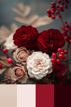 some red and white flowers are in a vase