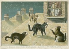 an old illustration of cats and dogs playing outside in the snow, with one cat standing on its hind legs