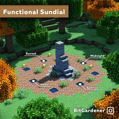 an image of a game with the words functional sundial in front of trees and bushes