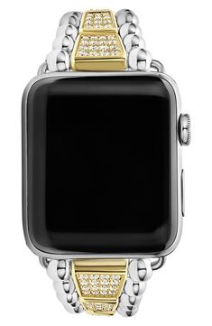 Turn your Apple Watch into a piece of fine jewelry with this band featuring 18-karat gold, sterling silver, diamond pavé and signature Caviar beading. Fits 42mm–49mm Series 1–8 Apple Watch (not included) Total diamond weight: 3.62ct. Color: G–H Clarity: SI Sterling silver/18k gold/diamond Imported >Diamond Guide Elegant Adjustable Watch Bands With Polished Finish, Classic Silver Apple Watch Band With Polished Finish, Formal Silver Apple Watch Band With Polished Finish, Luxury Adjustable White Gold Apple Watch Band, Luxury Adjustable White Gold Watches, Classic Silver Apple Watch Band For Formal Occasions, Timeless Formal Bracelet Strap Apple Watch Band, Elegant Apple Watch Band With Double Bracelet Strap, Elegant Double Band Apple Watch Bracelet Strap