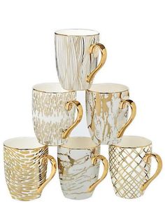 Enjoy your favorite beverage in style with this elegant matrix design gold plated mugs. Generously sized 16oz capacity featuring 6 assorted gold designs on white porcelain. Home Wet Bar, Glassware Crafts, Craft Projects For Kids, Glassware Set, Interior Design Trends, Glass Crafts, Gold Design, Mugs Set, Fine China