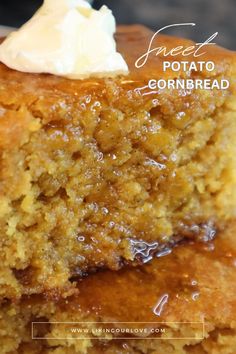 a close up of a piece of cake with whipped cream on top and the words fried potato cornbread below it