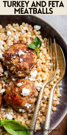 meatballs and rice in a bowl with spinach leaves on the side text overlay reads, how to make turkey and feta meatballs