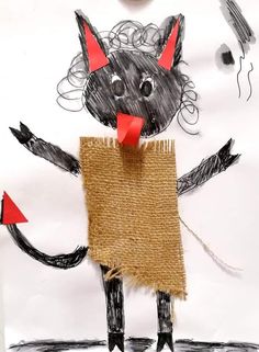 a drawing of a cat holding a piece of paper with red tape around it's neck