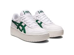 ASICS Sportstyle Japan S PF - Women's Shoes : White/Shamrock Green : Give your style a boost with the raised profile and throwback appeal of the ASICS Tiger Japan S PF platform shoes. Platform sneakers in a retro '80s-inspired silhouette. Uppers of synthetic leather with iconic tiger stripes on the quarter-panels. Textile lining provide breathable wear. Cushioned footbed for lasting comfort. Platform midsole provides added lift and support. Rubber outsole offers traction and durability. Imported White Retro Platform Sneakers For Sports, Retro White Platform Sneakers For Sports, Sporty Green Platform Sneakers, Green Sporty Platform Sneakers, White Retro Platform Sneakers With Vulcanized Sole, Shoes Platform Sneakers, Asics Sportstyle, Asics Tiger, Shoes Asics