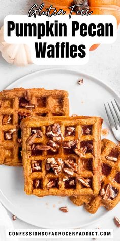 pumpkin pecan waffles on a white plate with text overlay that reads, vegan free pumpkin pecan waffles