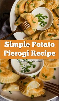 simple potato pier recipe on a white plate with a fork and small plates full of pies