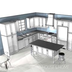 a drawing of a kitchen with white cabinets and black counter tops, an island in the middle