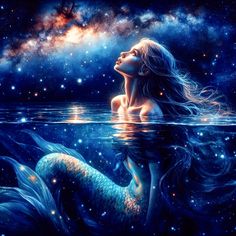 a woman sitting on top of a body of water under a sky filled with stars