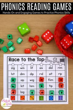 the race to the top game with dices and numbers on it, next to a basket