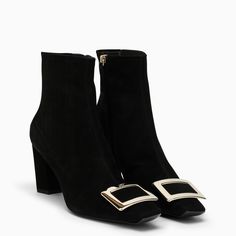 Chelsea boot by Roger Vivier featuring black suede leather upper, square toe with iconic metal buckle, zip fastening on the side ah high block heel.Heel 10 cm100% Leather / Leather sole Chelsea Boot Women, Chelsea Boots Women, Black Chelsea Boots, Roger Vivier, Black Boots Women, Chelsea Boot, Metal Buckles, Luxury Items, Black Suede