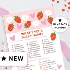 a strawberry themed baby shower game is shown with the name tags included for it's names