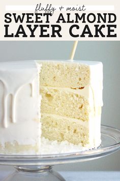 a close up of a slice of cake on a plate with the words, fluffy & moist layer cake