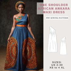 Digital sewing pattern for one shoulder african ankara maxi dress. ✔️ US Sizes: 2, 4, 6, 8, 10, 12, 14, 16, 18, 20, 22, 24, 26, 28, 30 ✔️ Standard sizes: XS, S, M, L, XL, 2XL, 3XL, 4XL/5XL ✔️These templates are suitable for A4, A0 and US Letter size paper. When you purchase this pattern, you will receive a digital (pdf) sewing pattern and instructions. Once your payment processes, you will automatically receive a download links of pattern files. If you have any problem accessing the files, pleas Traditional Dress African, Front Zipper Dress, Ankara Maxi Dress, African Traditional Wear, Dress Traditional, Dress African, African Ankara, Zipper Dress, Ankara Dress