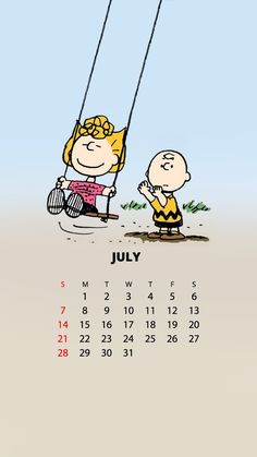 a calendar for july with a cartoon character on the front and side of it, which is