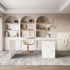 a white desk sitting in the middle of a living room next to a book shelf