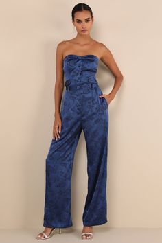 Slip on the Lulus Sleek Refinement Navy Satin Jacquard High-Rise Trouser Pants for a chic and effortless RSVP look! Lightweight woven satin jacquard, with floral embossing throughout, shapes these elegant pants with a high-rise fit, belt loops, and a top button closure with a hidden zip fly. Pleated details and side seam pockets accent the wide pant legs that finish with full-length hems. Pair with the matching top for a complete look! Fit: This garment fits true to size. Length: Floor length. S Elegant Pants, Elegant Pant, Pants Collection, Pants Large, Pants Suit, Fall Skirts, Wide Pants, Matching Top, Trouser Pants