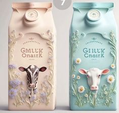 two milk bottles with designs on them, one has a cow and the other has daisies