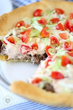 a close up of a slice of pizza on a plate with a blue and white checkered table cloth