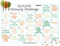 an autumn drawing challenge is shown with the words, draw and color trees on it