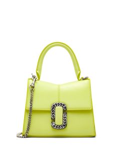 lemon yellow leather smooth grain geometric body silver-tone hardware logo plaque embossed internal logo magnetic fastening detachable chain-link shoulder strap single rolled top handle main compartment internal slip pocket 2016 Runway, Resort 2023, Compact Bag, Mini Top, Sack Bag, Designer Totes, Marc Jacobs Bag, Yellow Leather, Fall 2016