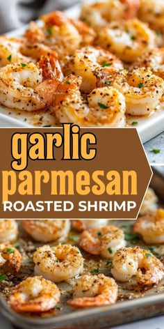 garlic parmesan roasted shrimp on a white platter with the title text overlay