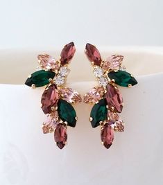 Bridal Earrings Cluster Earringsemerald Burgundy Blush - Etsy Light Burgundy, Earrings Emerald, Jewelry Bridesmaid, Large Crystal, Jewelry Bridal, Emerald Earrings, Crystal Wedding