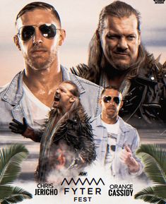 two men in sunglasses are standing next to each other on a poster with palm trees