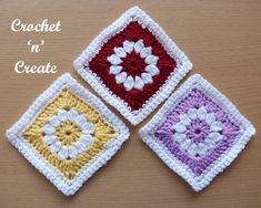 three crocheted squares with flowers on them