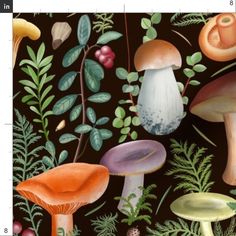 a painting of mushrooms and plants on a brown background