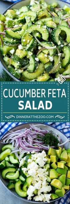 cucumber feta salad with red onion and green onions in a serving dish