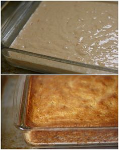 two pictures showing different stages of baking in glass pans, one with cake batter on top and the other without