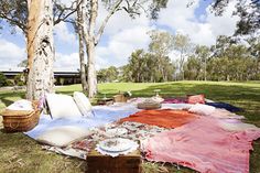 a picnic is set up on the grass in front of some trees with blankets and pillows