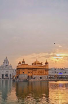 the golden building is surrounded by water in front of it and birds flying over it