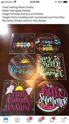 four coasters that say hello summer, cool friends sunshine and some kind of watermelon