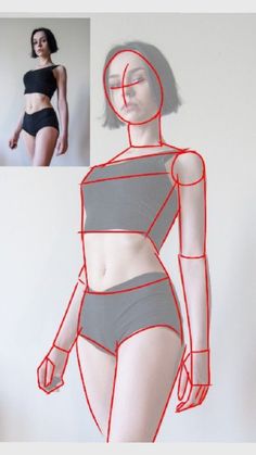 a drawing of a woman's body with red lines on it and the shape of her torso