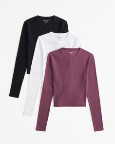 Women's 3-Pack Long-Sleeve Cropped Rib Crew Tops | Women's Tops | Abercrombie.com White Long Sleeve Tee, Rib Fabric, One Shoulder Tops, Suits Coats, Purple Fashion, Business Casual Outfits, Ribbed Fabric, Grey Long Sleeve, Striped Long Sleeve