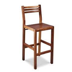 a wooden bar stool with a seat made out of wood, on a white background