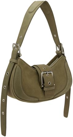 Nubuck shoulder bag in khaki. · Adjustable and detachable padded shoulder strap · Pin-buckle detailing at magnetic press-stud tab · Zip closure · Patch pocket at interior · Faux-suede lining · Logo-engraved silver-tone hardware · H5.75 x W11 x D3 Supplier color: Marena khaki Chic Suede Shoulder Bag With Silver-tone Hardware, Suede Shoulder Bag With Metal Hardware For Everyday Use, Everyday Suede Shoulder Bag With Silver-tone Hardware, Chic Suede Shoulder Bag With Metal Hardware, Olive Leather Shoulder Bag With Detachable Strap, Chic Olive Leather Shoulder Bag, Silver Engraving, Nubuck Leather, Press Studs