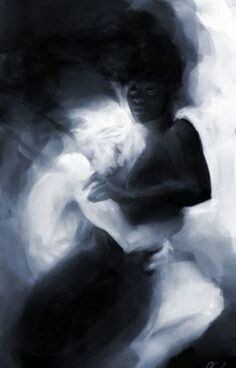 an abstract painting of a woman in black and white with her hands on her hips