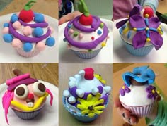 there are many cupcakes with different decorations on them