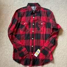 Brand New Flannel Shirt, 100% Cotton. From A Smoke Free And Pet Free Home. Red And Black Plaid, Black Plaid, Plaid Flannel, Flannel Shirt, Red And Black, Lady In Red, Long Sleeve Shirt, Sleeve Shirt, Button Down Shirt